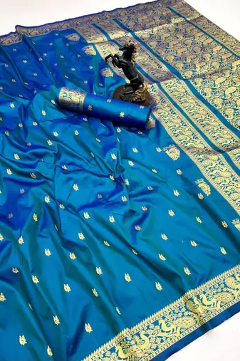 Sky blue soft silk saree with zari butti design & rich woven pallu