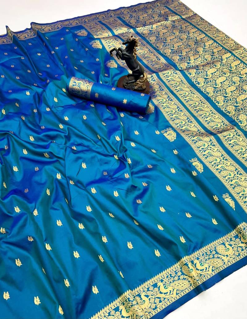 Sky blue soft silk saree with zari butti design & rich woven pallu