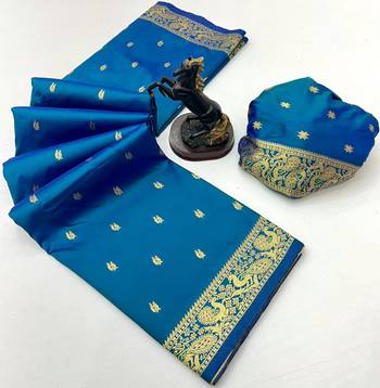 Sky blue soft silk saree with zari butti design & rich woven pallu 2