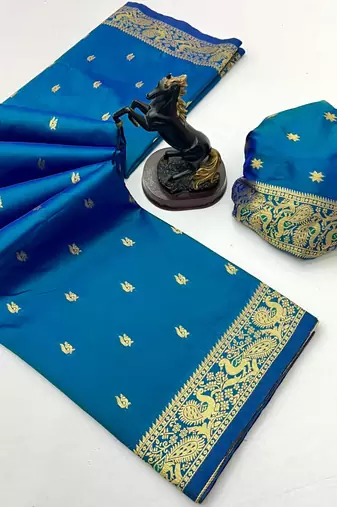 Sky blue soft silk saree with zari butti design & rich woven pallu