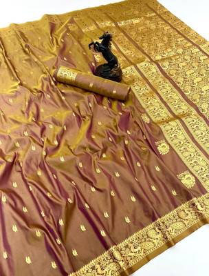 Brown soft silk saree with zari butti design & rich woven pallu 1
