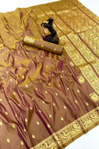 Brown soft silk saree with zari butti design & rich woven pallu