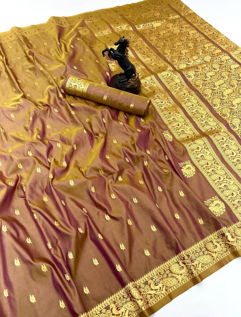 Brown soft silk saree with zari butti design & rich woven pallu