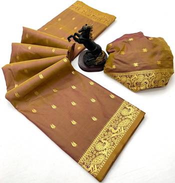 Brown soft silk saree with zari butti design & rich woven pallu 2