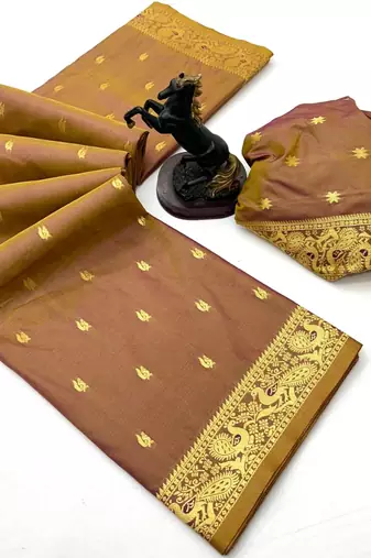 Brown soft silk saree with zari butti design & rich woven pallu