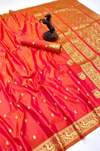 Orange soft silk saree with zari butti design & rich woven pallu