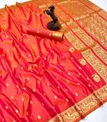 Orange soft silk saree with zari butti design & rich woven pallu