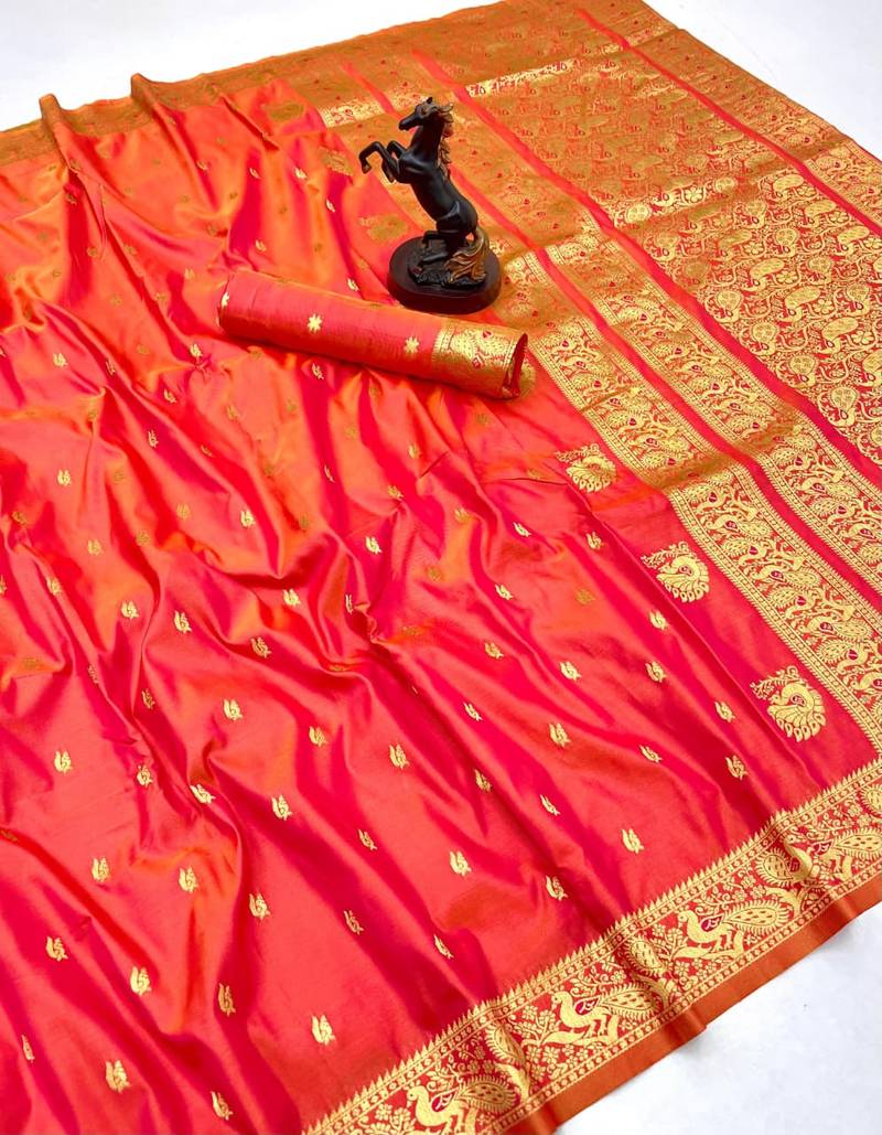Orange soft silk saree with zari butti design & rich woven pallu