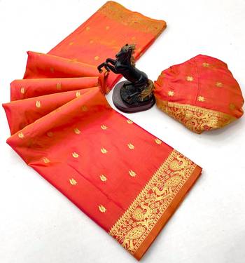 Orange soft silk saree with zari butti design & rich woven pallu 2