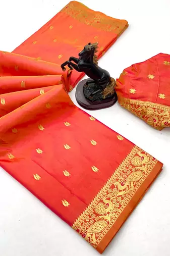 Orange soft silk saree with zari butti design & rich woven pallu