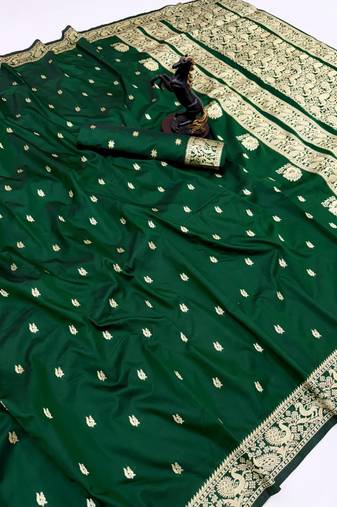 Green soft silk saree with zari butti design & rich woven pallu