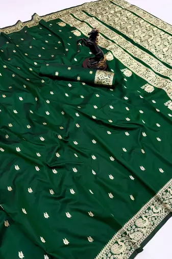 Green soft silk saree with zari butti design & rich woven pallu