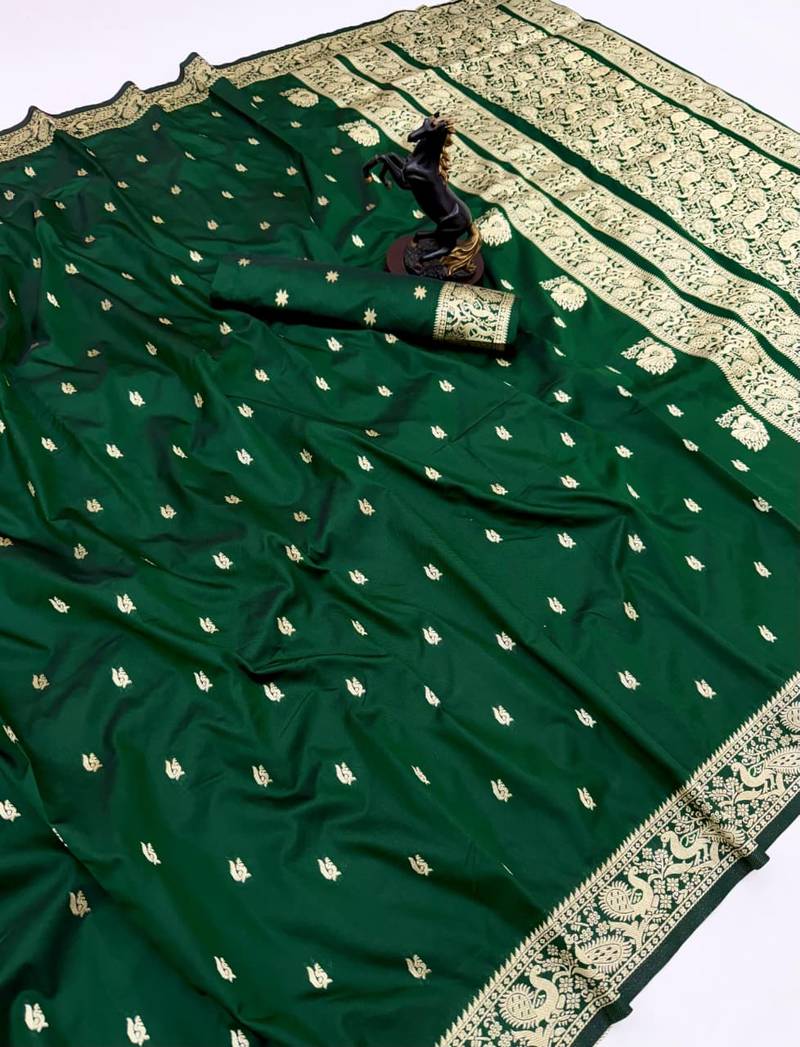 Green soft silk saree with zari butti design & rich woven pallu