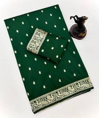 Green soft silk saree with zari butti design & rich woven pallu 2