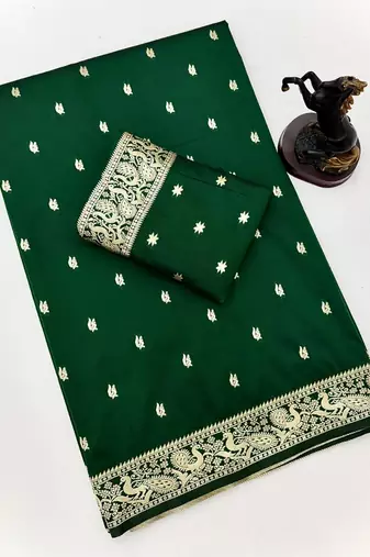 Green soft silk saree with zari butti design & rich woven pallu