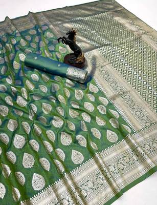 Light green soft silk saree with zari butti design & rich woven pallu 1