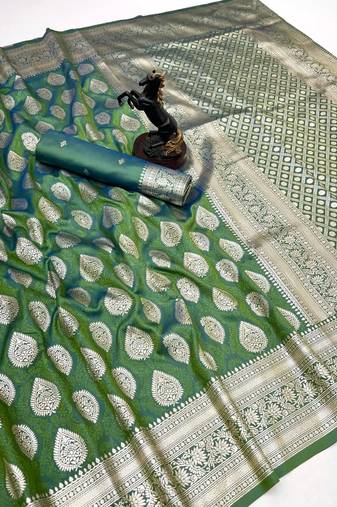 Light green soft silk saree with zari butti design & rich woven pallu