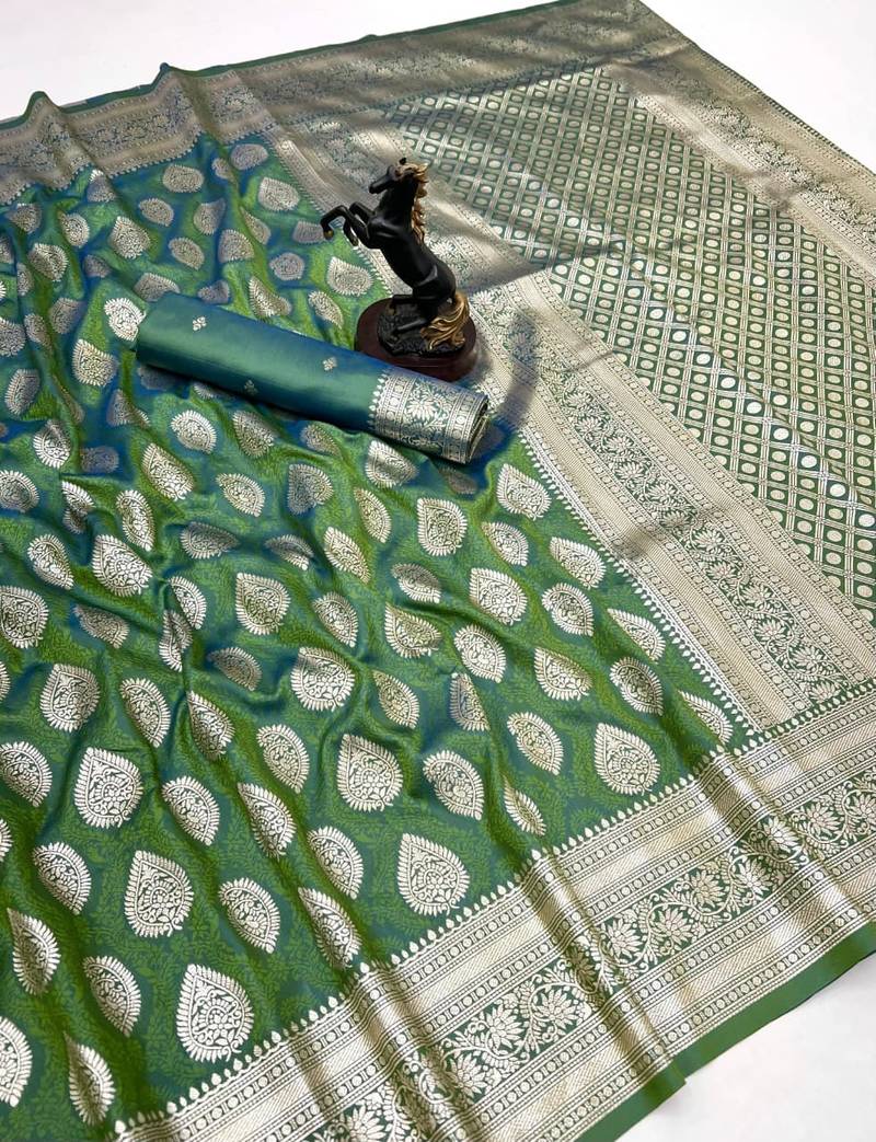 Light green soft silk saree with zari butti design & rich woven pallu