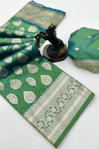 Light green soft silk saree with zari butti design & rich woven pallu