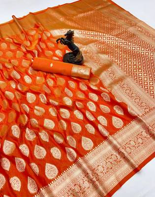 Orange soft silk saree with zari butti design & rich woven pallu 1