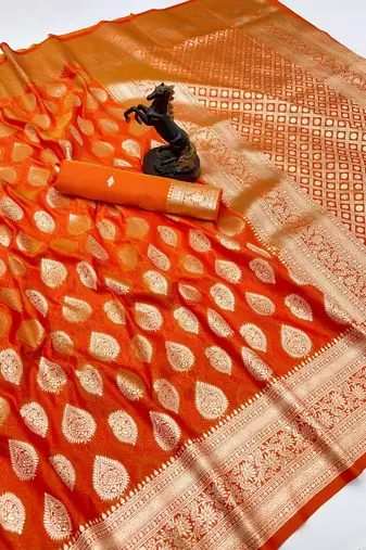 Orange soft silk saree with zari butti design & rich woven pallu