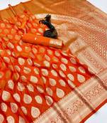 Orange soft silk saree with zari butti design & rich woven pallu