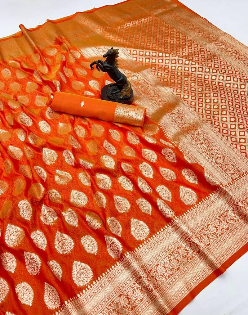 Orange soft silk saree with zari butti design & rich woven pallu