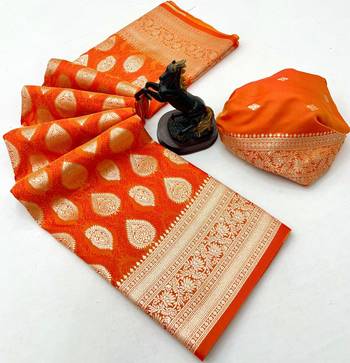 Orange soft silk saree with zari butti design & rich woven pallu 2