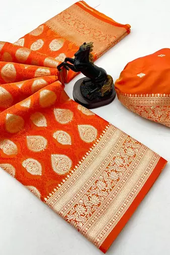 Orange soft silk saree with zari butti design & rich woven pallu