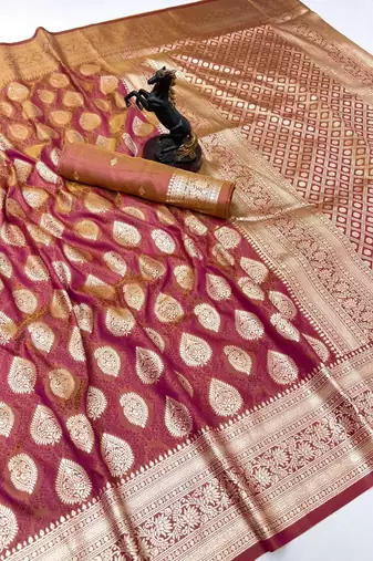 Onion pink soft silk saree with zari butti design & rich woven pallu