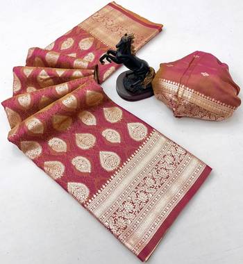 Onion pink soft silk saree with zari butti design & rich woven pallu 2