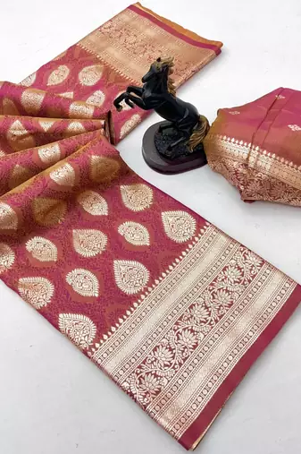 Onion pink soft silk saree with zari butti design & rich woven pallu