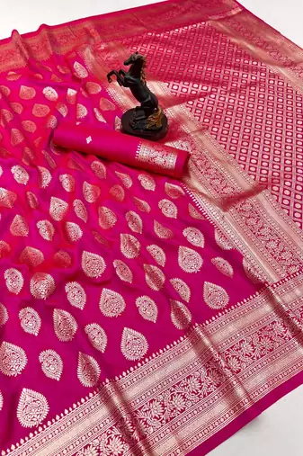 Pink soft silk saree with zari butti design & rich woven pallu
