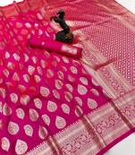 Pink soft silk saree with zari butti design & rich woven pallu