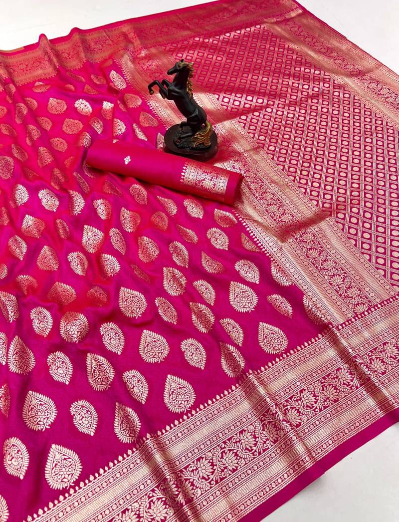 Pink soft silk saree with zari butti design & rich woven pallu
