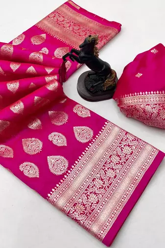 Pink soft silk saree with zari butti design & rich woven pallu