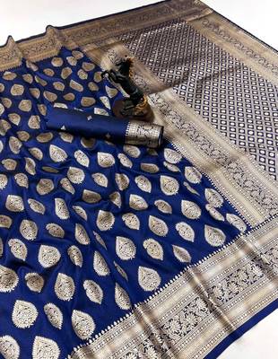 Navy blue soft silk saree with zari butti design & rich woven pallu 1