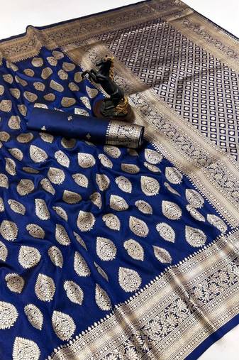 Navy blue soft silk saree with zari butti design & rich woven pallu