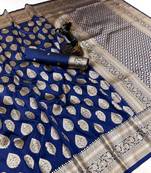 Navy blue soft silk saree with zari butti design & rich woven pallu