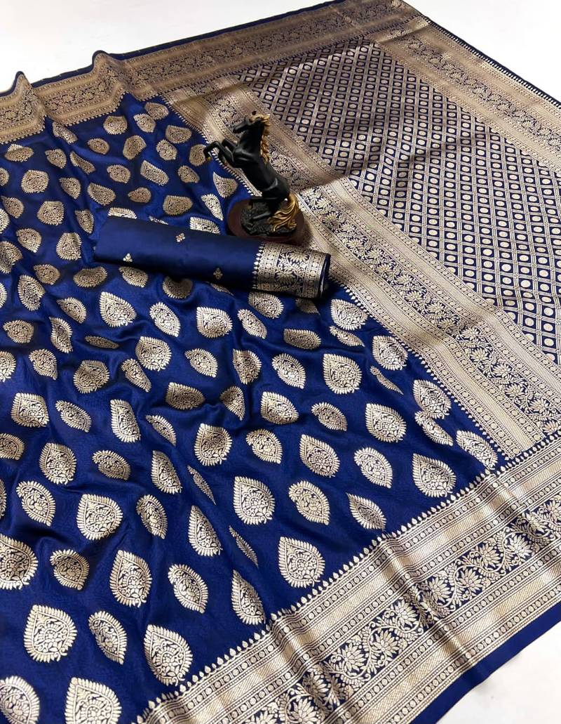 Navy blue soft silk saree with zari butti design & rich woven pallu