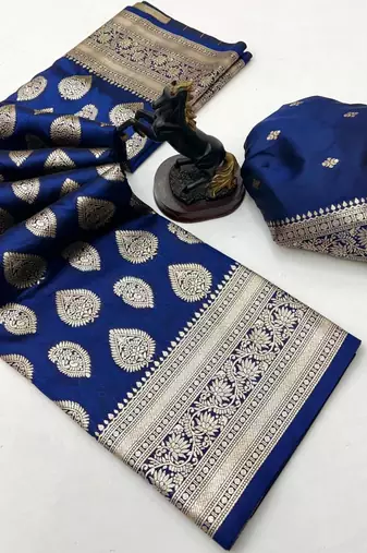 Navy blue soft silk saree with zari butti design & rich woven pallu