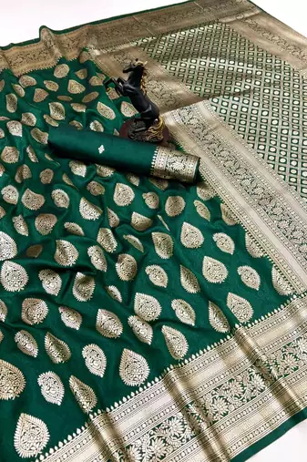 Green soft silk saree with zari butti design & rich woven pallu