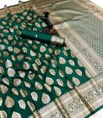 Green soft silk saree with zari butti design & rich woven pallu