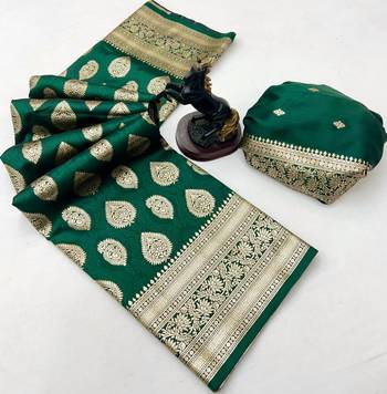 Green soft silk saree with zari butti design & rich woven pallu 2