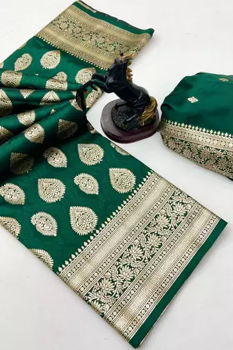 Green soft silk saree with zari butti design & rich woven pallu