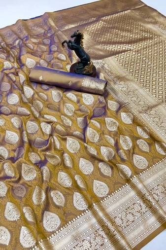 Brown soft silk saree with zari butti design & rich woven pallu