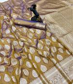 Brown soft silk saree with zari butti design & rich woven pallu