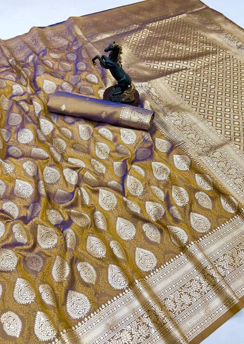 Brown soft silk saree with zari butti design & rich woven pallu