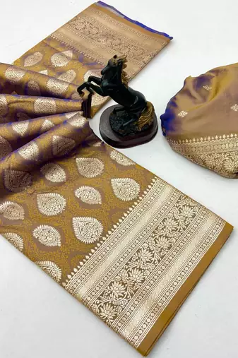 Brown soft silk saree with zari butti design & rich woven pallu