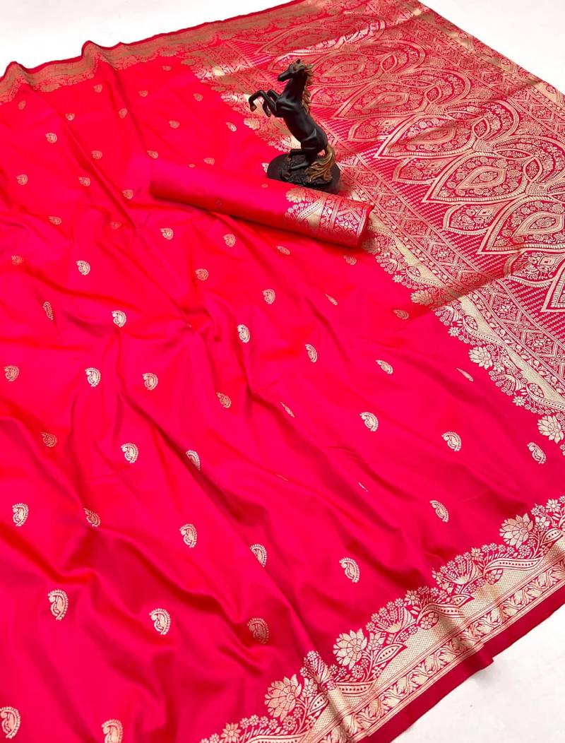 Hot pink paithani soft silk saree with nath butti & rich zari pallu